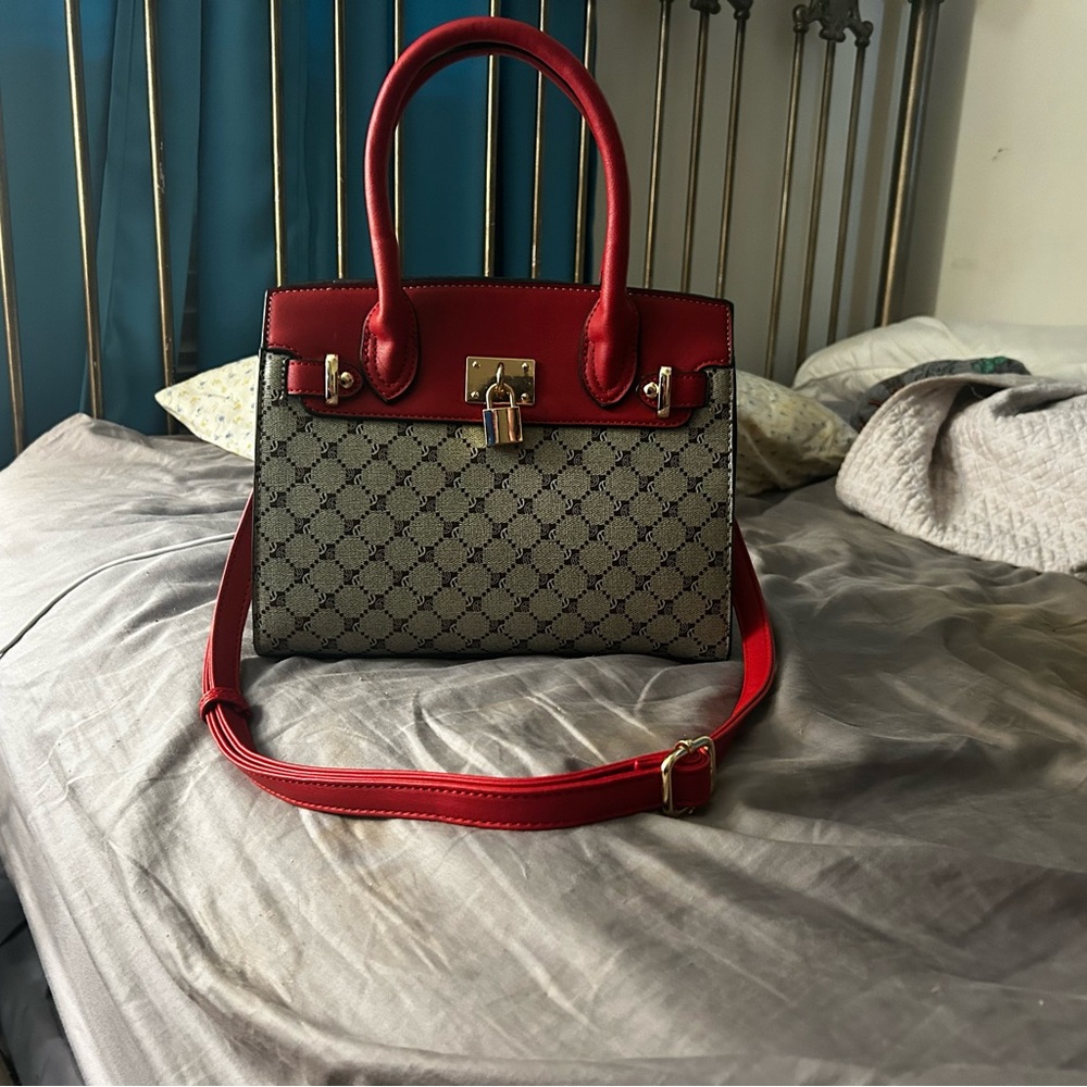 Elegant Red and Gray Designer Handbag